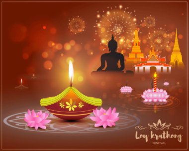 Kutlama festivali için vektör illüstrasyonu Tayland 'da Loy Krathong. 