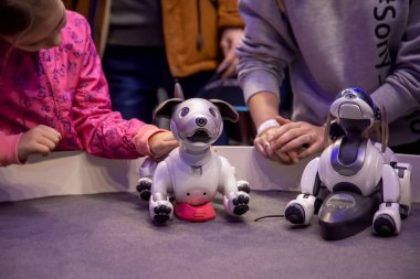 Moskova, Rusya - Ekim 04, 2019: Sony Pet robotu Technology tarafından tasarlanan ve üretilen iki Aibo Robotik evcil hayvan ve hayvan oyunu. yumuşak odak
