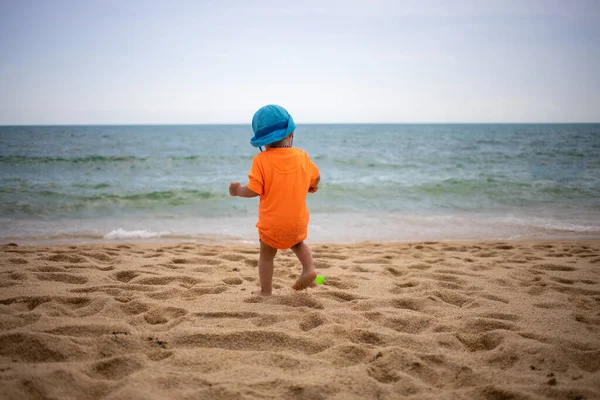 青い帽子の赤ちゃんビーチを歩く。リアビュー。隔離、移動の自由、国境の開放 — ストック写真
