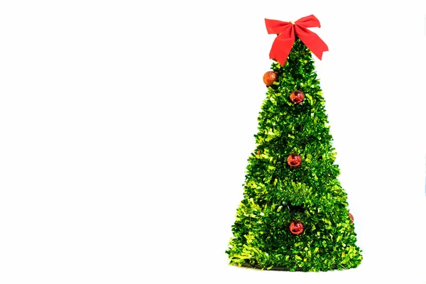 Isolated Artificial Green Christmas Tree Red Balls Bow Copy Space — Stock Photo, Image