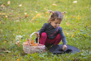 Cadılar Bayramı kutlaması. Siyah elbiseli şirin kız sonbahar yapraklarıyla yeşil çimlerde cadı şapkasıyla oynuyor..