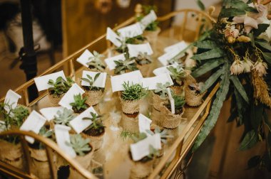 Kaktüs, saksıda sulu, çuval bezi ve musibete sarılı. Altın tepside, el arabası. Kağıt kartlar. Misafirler için hediyeler, bonniereler.