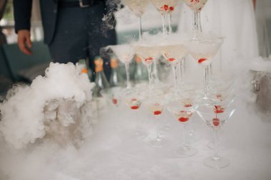 Bir sürü dumanlı kokteyl içeceği. Şampanya ve kirazlı piramit. Doğum günü ya da evlilik yıldönümü için bir açık büfenin zarif ve zengin dekorasyonu. Misafirler için özel efektli lezzetli bir içki. Yemek ve restoran servisi.