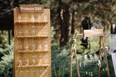 Şenlikli kutlamalar için alışılmadık yaratıcı yemek servisi. Yeşil yaprakların arka planında izole edilmiş birçok şampanya kadehi var. Şampanya, köpüklü şarap, beyaz şarap, karbonat, içki rafı, şampanya duvarı, aperatif içecekler.