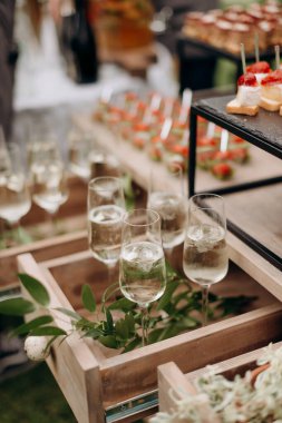 Açık büfe, bir bardak şampanya, köpüklü şarap, güneşte parlayan. Yemek servisi, parti servisi. Kutlama, hoş geldin içkisi.