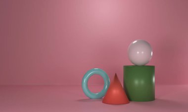 Geometrik şekilli 3 boyutlu. Ürün sunumu için pastel renk platformları. Modern tarzda soyut bileşim. Boş alana sahip minimalist tasarım. Çok renkli geometrik şekiller ve pembe arkaplan güzel..