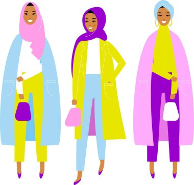 Farklı genç, güzel, İslami Suudi kızlar. Beyaz arka planda, şık gündelik kıyafetler giyiyorlar. Düz bir tarzda..