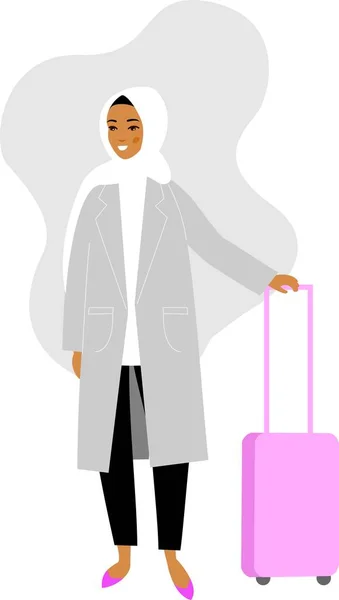 Mujer árabe viajero con equipaje en ropa casual inteligente sobre fondo blanco en estilo plano . — Vector de stock