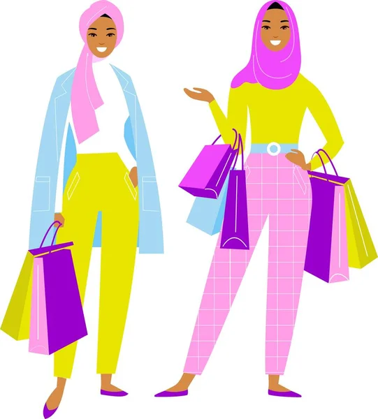 Illustration vectorielle colorée de femmes arabes en hijab de vêtements modernes dans la boutique . — Image vectorielle