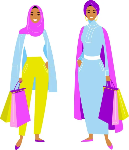 Vektor berwarna-warni ilustrasi perempuan arab dalam hijab pakaian modern di toko. - Stok Vektor