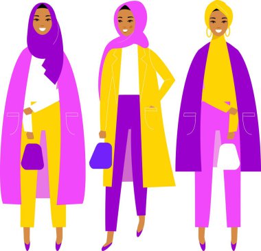 Farklı genç, güzel, İslami Suudi kızlar. Beyaz arka planda, şık gündelik kıyafetler giyiyorlar. Düz bir tarzda..