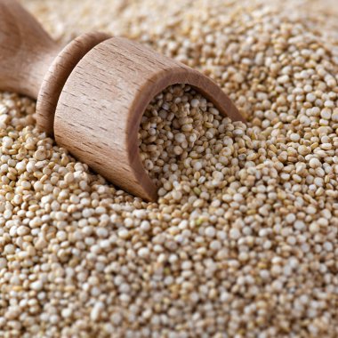 Görüntü şaşırtıcı gıda, quinoa bitki esaslı bir tahta kaşık seçici odak için reklam kopya alanı ile pişmemiş kadar yakın Meydanı 