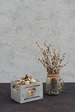 Ahşap sepetteki bıldırcın kuşu yumurtasının paskalya süslemesi. Gri beton arka planda taze huş ağacı dalları var. Bahar. Sağlıklı beslenme konsepti. Minimum dekor. Boşluğu kopyala.