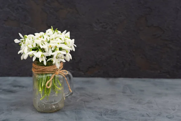 Buquê Flores Primavera Nevascas Vaso Vidro Fundo Concreto Cinza Copiar — Fotografia de Stock