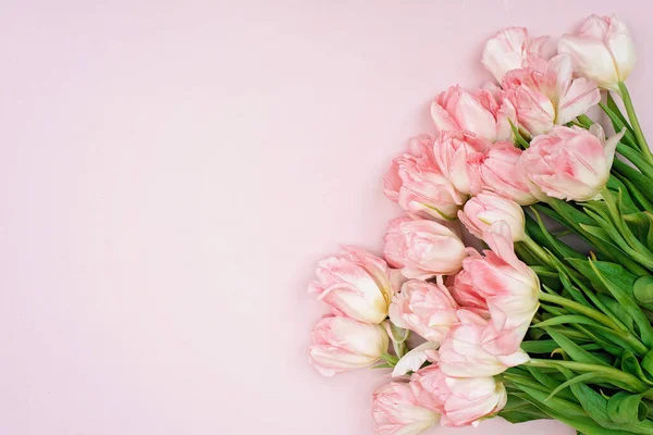Tavaszi Üdvözlőlap Sablon Rózsaszín Tulipánból Készült Friss Virágokból Anyák Napjára — Stock Fotó