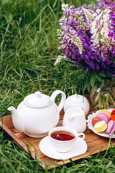 Petit Déjeuner Confortable Air Frais Vase Aux Fleurs Lupin Une — Photo