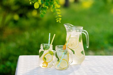 Limonata tazeleyici bir içecek ve limonlu kavanozlar, bahçe masasında taze nane ve buz. Açık havada yaz pikniği. Uzayı kopyala Yumuşak seçici odak.