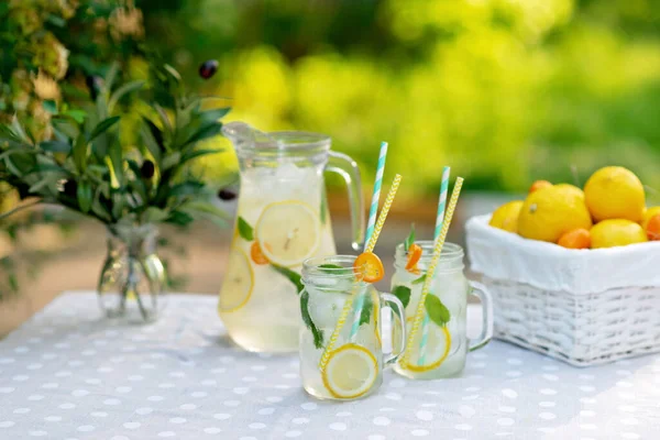 Bebida Refrescante Limonada Una Jarra Frascos Con Limones Menta Fresca — Foto de Stock