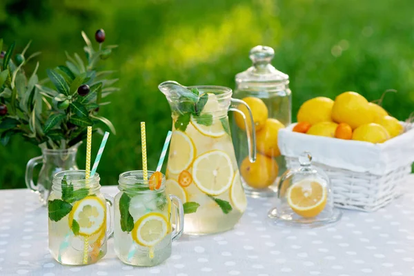 Lemonade Refreshing Drink Jug Jars Lemons Fresh Mint Ice Basket — Stock Photo, Image