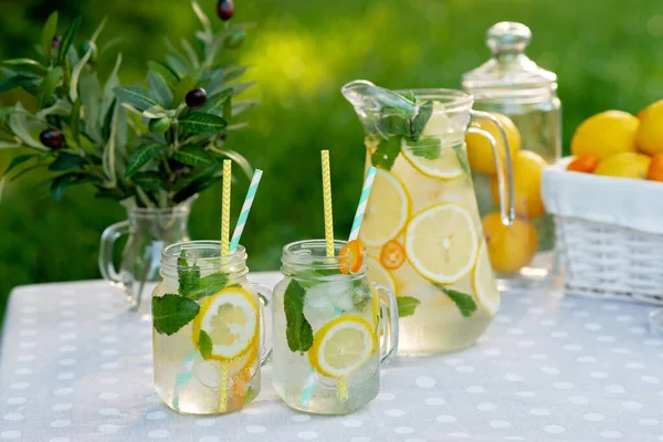 レモン 新鮮なミント 氷が入った瓶に レモンとクムカットが入ったバスケットを庭のテーブルの上に置いて 爽やかな飲み物をレモンで作りました 夏の屋外ピクニック 柔らかい選択的フォーカス — ストック写真