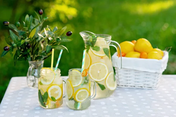 Limonata tazeleyici bir içecek ve limonlu kavanozlar, taze nane ve limon ve kumkatlı bir sepet buz. Yaz pikniği. Yumuşak seçici odak.