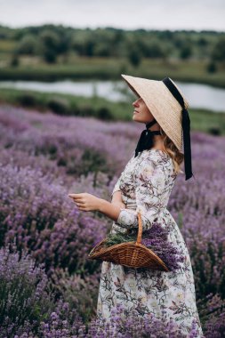 Romantik bir elbisesi, hasır şapkası ve lavanta tarlasında bir sepet çiçeği olan güzel, sarışın bir kadın. Yumuşak seçici odak.