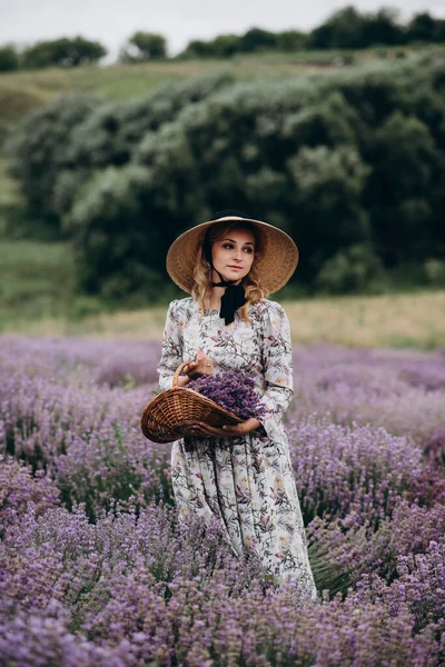 Young Beautiful Blonde Woman Romantic Dress Straw Hat Basket Flowers — Stock Photo, Image