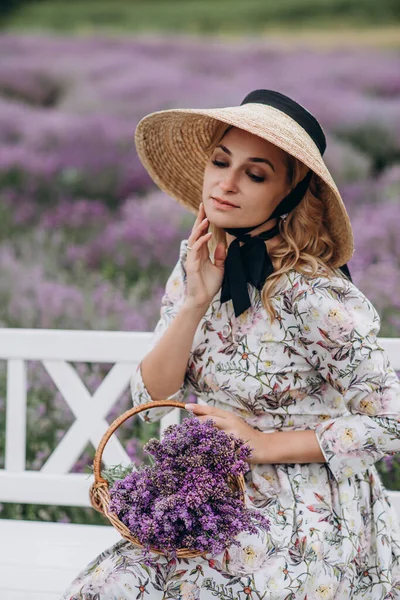 Portrait Young Beautiful Blonde Woman Dress Straw Hat Basket Flowers — Stock Photo, Image