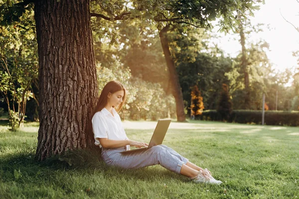 Dívka Student Notebookem Venku Sedí Trávě Parku Stromu Surfování Internetu — Stock fotografie