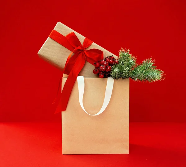 Bolsa Regalo Con Caja Kraft Decorada Con Una Rama Árbol —  Fotos de Stock