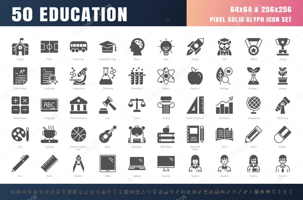 Vector of 50 Education and School Subject solid Glyph Icon Set. 64x64 and 256x256 Pixel.