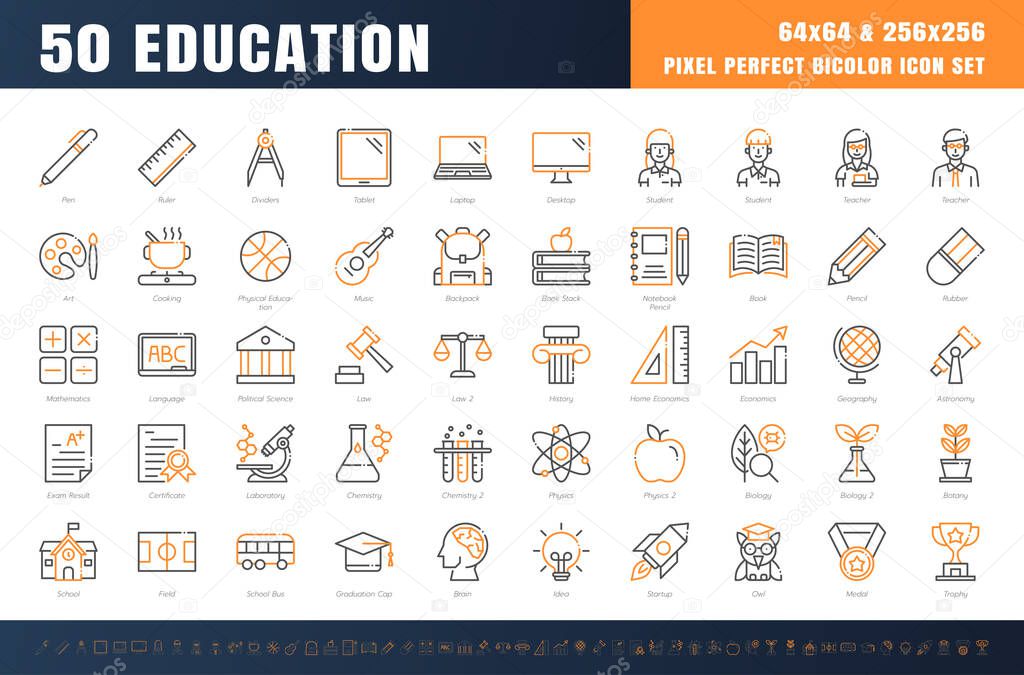 Vector of 50 Education and School Subject. Bicolor Line Outline Icon Set. 64x64 and 256x256 Pixel Perfect Editable Stroke. Vector.