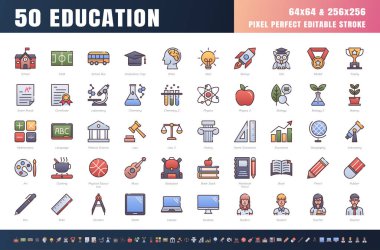 50 Eğitim ve Okul Konusu Vekili. Gradyan Renk Çizgisi Taslak Simgesi Ayarları dolduruldu. 64x64 ve 256x256 Piksel Mükemmel Düzenleme Vuruşu. Vektör.