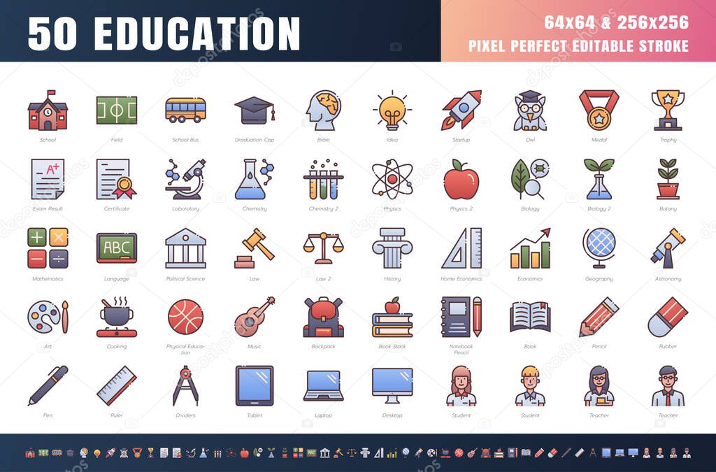 Vector of 50 Education and School Subject. Filled Gradient Color Line Outline Icon Set. 64x64 and 256x256 Pixel Perfect Editable Stroke. Vector.