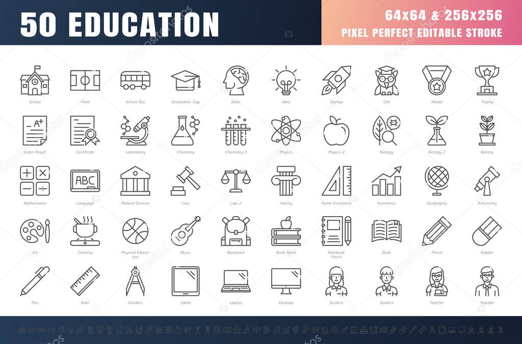 Vector of 50 Education and School Subject Line Outline Icon Set. 64x64 and 256x256 Pixel Perfect Editable Stroke. Vector.