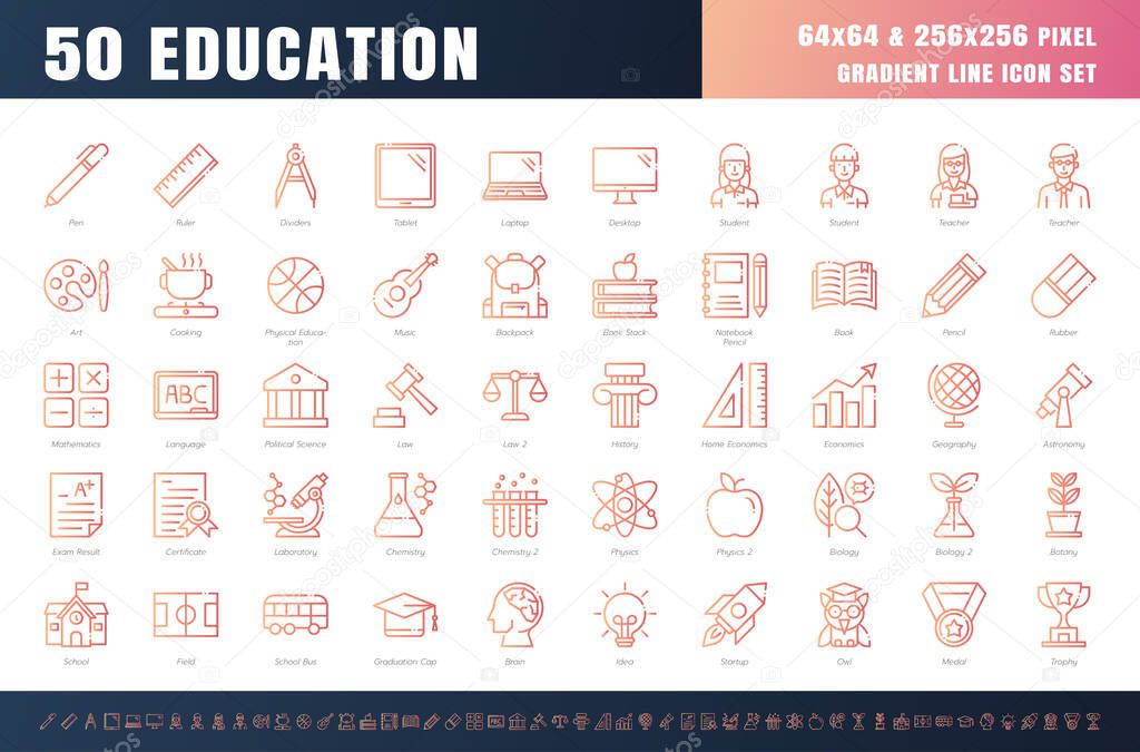 Vector of 50 Education and School Subject. Gradient Line Outline Icon Set. 64x64 and 256x256 Pixel Perfect. Expanded Stroke. Vector.