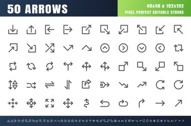 50 Ok Kalın Taslak Simge Ayarları. 48x48 Piksel Mükemmel Düzenlenebilir Vuruş. 4 px Vuruşu Geniş Çizgi Vektörü.