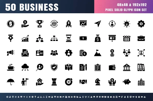 Vector Business Solid Glyph Icon Set 48X48 Pixel — Stock Vector