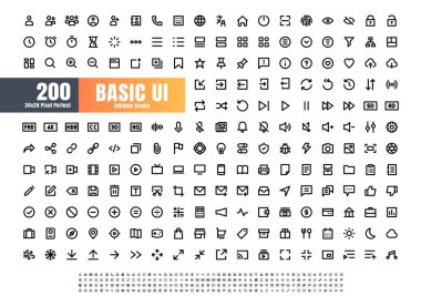 24x24 Piksel Mükemmel Temel Kullanıcı Arayüzü Özü Ayarlandı. 200 Satır Taslak Simgesi. Uygulama, Web, Yazdırma için. Düzenlenebilir Vuruş