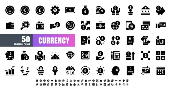 Vector Currency Financial Balck Solid Glyph Icon Set 48X48 Pixel — Stock Vector