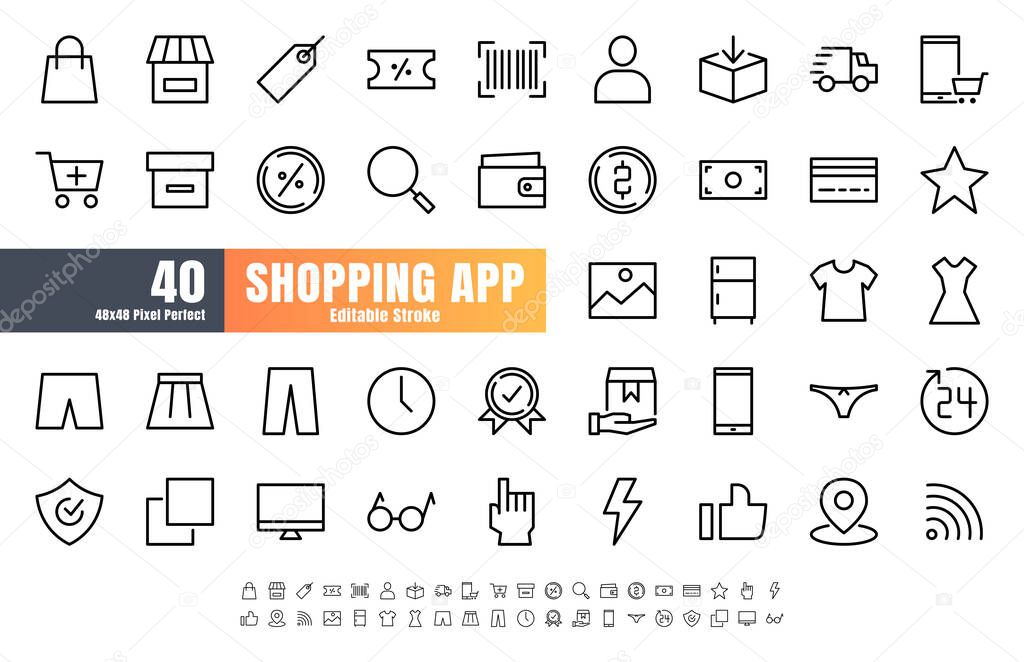 48x48 Pixel Perfect of Ecommerce Online Shopping App User Interface. Such as Shop, Warrnaty, Clothing, Cart, Delivery, Price Tag, E-Wallet. Thin Line Outline Icons Vector. Editable Stroke.