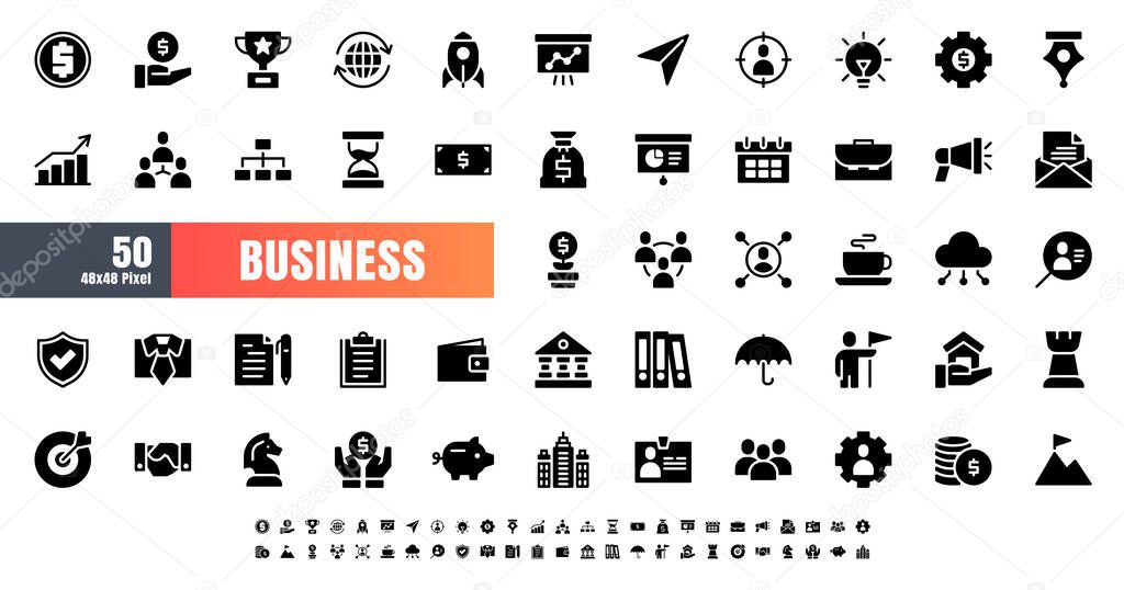 Vector of 50 Business and Financial Solid Glyph Icon Set. 48x48 Pixel.