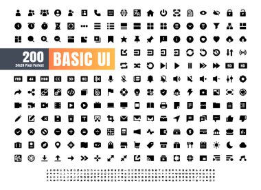 24x24 Pixel Perfect Basic User Interface Essential Set. 200 Solid Glyph Icons. For App, Web, Print. clipart