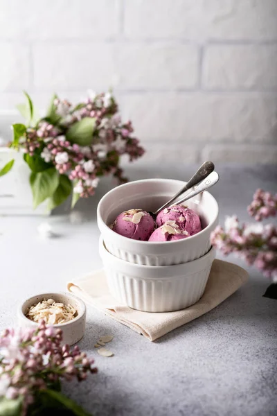Lilac ice cream in a white bowl — Stock Photo, Image