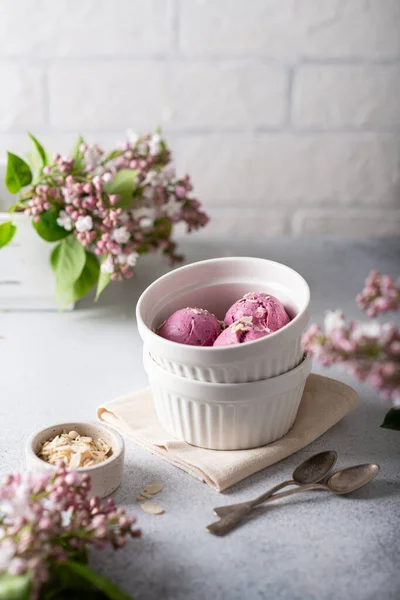 Lilac ice cream in a white bowl — Stock Photo, Image