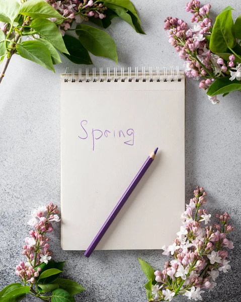Notatnik i ołówek, w pobliżu gałązki liliowej — Zdjęcie stockowe