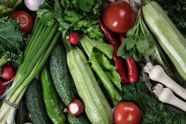 Verschiedene Hintergrundbilder Mit Frischem Gemüse Draufsicht — Stockfoto