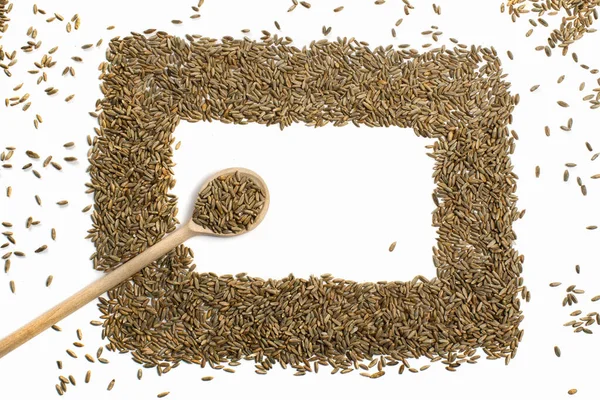 Marco de granos de trigo con cuchara de madera, aislado — Foto de Stock