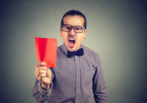 Young Frustrated Business Man Manager Showing Red Card Screaming Camera — Stock Photo, Image