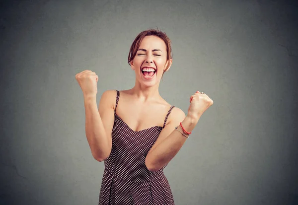 Young Smiling Woman Holding Fists Happy New Achievement Having Fun — Stock Photo, Image